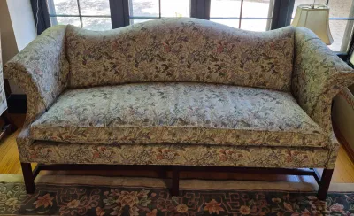 LOT 351L: Vintage Floral Tapestry Upholstered Camelback Sofa