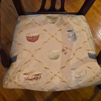 LOT 365D: Vintage Mahogany Dining Table with Six Custom Teacup Upholstered Chairs & 18" Leaf
