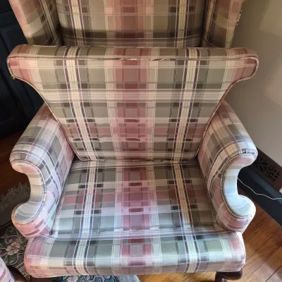 LOT 353L: Matching Upholstered His & Hers Highback Wing Chairs and Footstool