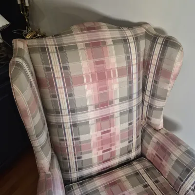 LOT 353L: Matching Upholstered His & Hers Highback Wing Chairs and Footstool