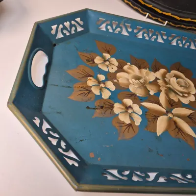 LOT 364D: Vintage Metal Toleware Trays, Folk Art Wall Hanging, Brass Box by Colony Metalsmiths of Virginia & More