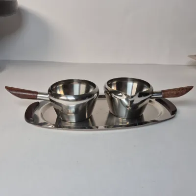 LOT 357K: Vintage MCM Silverama Dish, Teak Handled Set from Denmark, Royal Holland Pewter Set, Otagiri Hot Air Balloon Tray & More