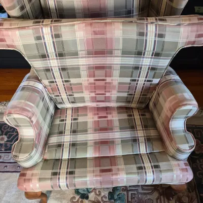 LOT 353L: Matching Upholstered His & Hers Highback Wing Chairs and Footstool