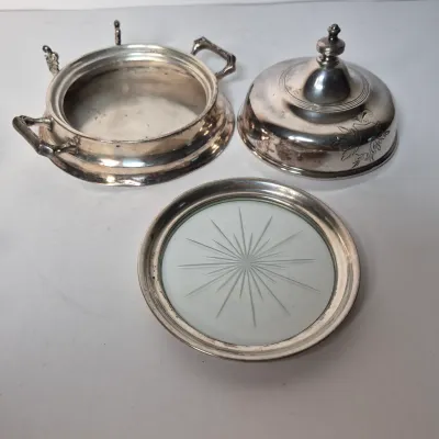 LOT 355D: Sterling Lid Salt & Pepper Shakers, Glass Coasters, Silver Plated Dome Butter Dish with Sterling Rim Plate