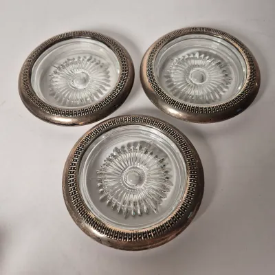 LOT 355D: Sterling Lid Salt & Pepper Shakers, Glass Coasters, Silver Plated Dome Butter Dish with Sterling Rim Plate