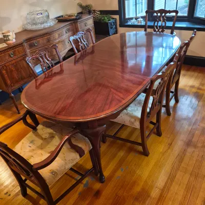 LOT 365D: Vintage Mahogany Dining Table with Six Custom Teacup Upholstered Chairs & 18" Leaf