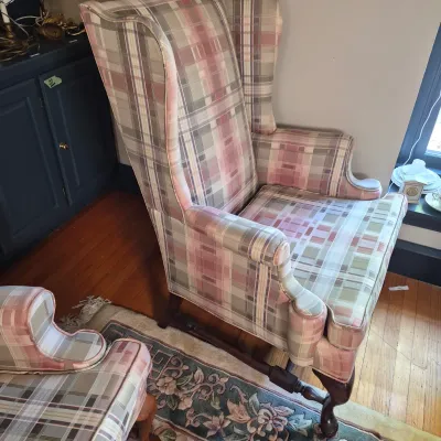LOT 353L: Matching Upholstered His & Hers Highback Wing Chairs and Footstool