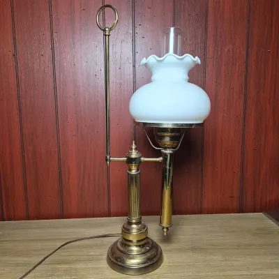 LOT 366B: Vintage Brass Student Table Lamp with Milk Glass Shade