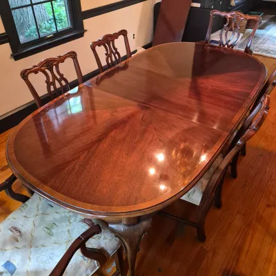 LOT 365D: Vintage Mahogany Dining Table with Six Custom Teacup Upholstered Chairs & 18" Leaf