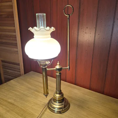 LOT 366B: Vintage Brass Student Table Lamp with Milk Glass Shade