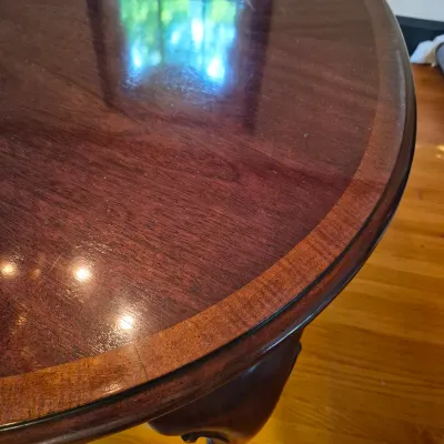 LOT 365D: Vintage Mahogany Dining Table with Six Custom Teacup Upholstered Chairs & 18" Leaf