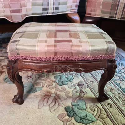 LOT 353L: Matching Upholstered His & Hers Highback Wing Chairs and Footstool