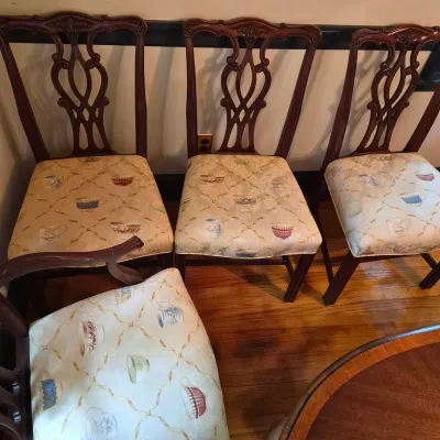 LOT 365D: Vintage Mahogany Dining Table with Six Custom Teacup Upholstered Chairs & 18" Leaf