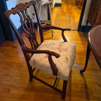 LOT 365D: Vintage Mahogany Dining Table with Six Custom Teacup Upholstered Chairs & 18" Leaf