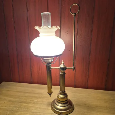 LOT 366B: Vintage Brass Student Table Lamp with Milk Glass Shade