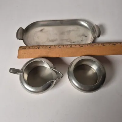 LOT 357K: Vintage MCM Silverama Dish, Teak Handled Set from Denmark, Royal Holland Pewter Set, Otagiri Hot Air Balloon Tray & More