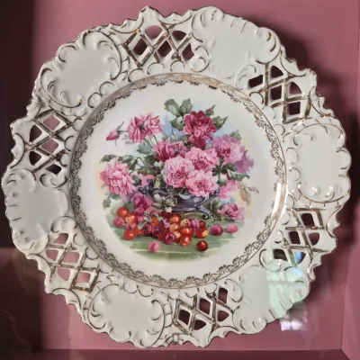 LOT 356K: Limoges Egg Trinket Box, Antique Reticulated Plate in Shadowbox Frame, Hand painted Tea Pot & Creamer
