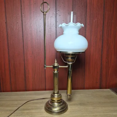 LOT 366B: Vintage Brass Student Table Lamp with Milk Glass Shade