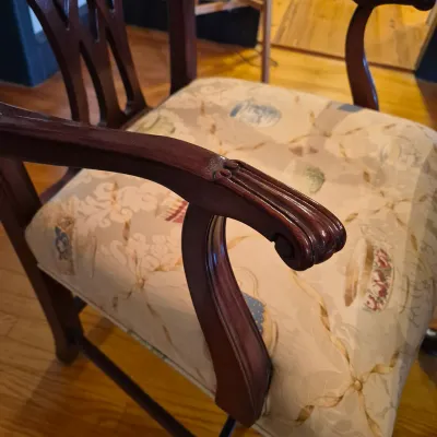 LOT 365D: Vintage Mahogany Dining Table with Six Custom Teacup Upholstered Chairs & 18" Leaf