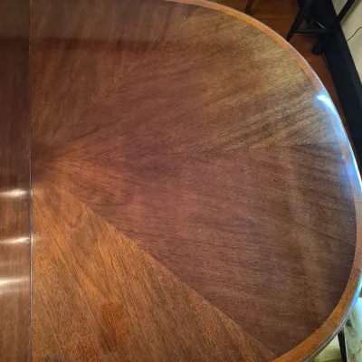 LOT 365D: Vintage Mahogany Dining Table with Six Custom Teacup Upholstered Chairs & 18" Leaf