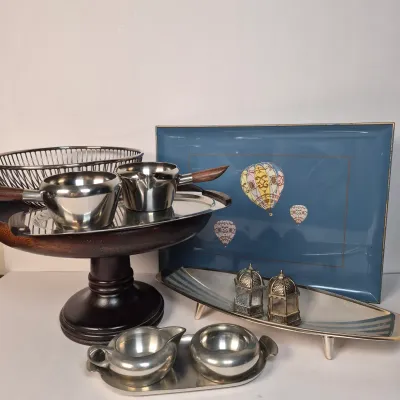 LOT 357K: Vintage MCM Silverama Dish, Teak Handled Set from Denmark, Royal Holland Pewter Set, Otagiri Hot Air Balloon Tray & More