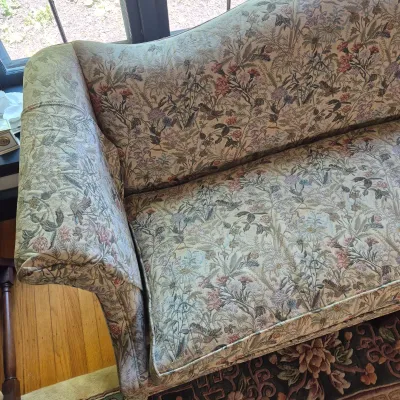 LOT 351L: Vintage Floral Tapestry Upholstered Camelback Sofa