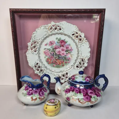 LOT 356K: Limoges Egg Trinket Box, Antique Reticulated Plate in Shadowbox Frame, Hand painted Tea Pot & Creamer