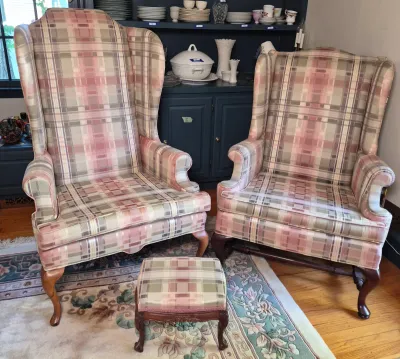 LOT 353L: Matching Upholstered His & Hers Highback Wing Chairs and Footstool