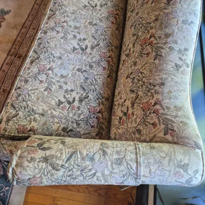 LOT 351L: Vintage Floral Tapestry Upholstered Camelback Sofa