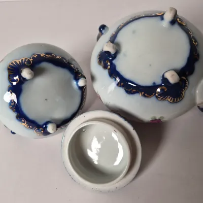 LOT 356K: Limoges Egg Trinket Box, Antique Reticulated Plate in Shadowbox Frame, Hand painted Tea Pot & Creamer