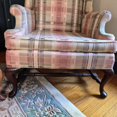 LOT 353L: Matching Upholstered His & Hers Highback Wing Chairs and Footstool