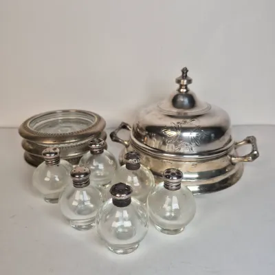 LOT 355D: Sterling Lid Salt & Pepper Shakers, Glass Coasters, Silver Plated Dome Butter Dish with Sterling Rim Plate