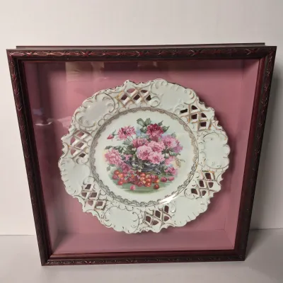 LOT 356K: Limoges Egg Trinket Box, Antique Reticulated Plate in Shadowbox Frame, Hand painted Tea Pot & Creamer