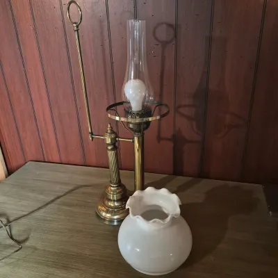 LOT 366B: Vintage Brass Student Table Lamp with Milk Glass Shade