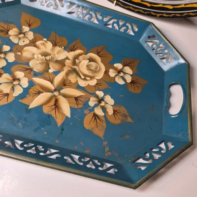 LOT 364D: Vintage Metal Toleware Trays, Folk Art Wall Hanging, Brass Box by Colony Metalsmiths of Virginia & More