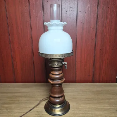 LOT 367B: Vintage Hurricane Lamp with Wood Base and Milk Glass Shade