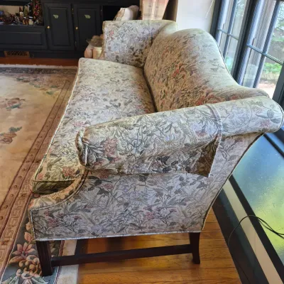 LOT 351L: Vintage Floral Tapestry Upholstered Camelback Sofa