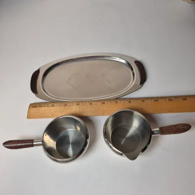 LOT 357K: Vintage MCM Silverama Dish, Teak Handled Set from Denmark, Royal Holland Pewter Set, Otagiri Hot Air Balloon Tray & More