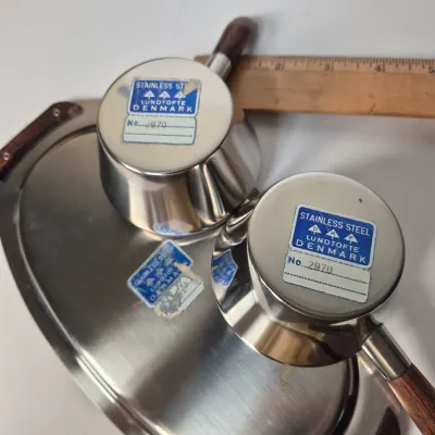 LOT 357K: Vintage MCM Silverama Dish, Teak Handled Set from Denmark, Royal Holland Pewter Set, Otagiri Hot Air Balloon Tray & More
