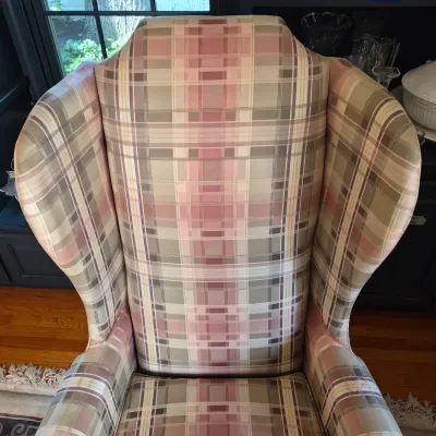 LOT 353L: Matching Upholstered His & Hers Highback Wing Chairs and Footstool