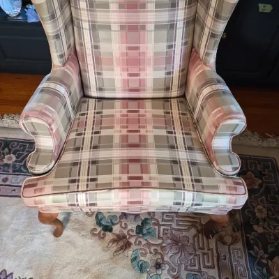 LOT 353L: Matching Upholstered His & Hers Highback Wing Chairs and Footstool
