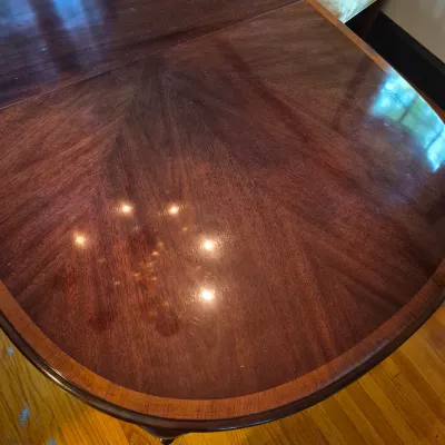LOT 365D: Vintage Mahogany Dining Table with Six Custom Teacup Upholstered Chairs & 18" Leaf