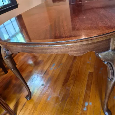 LOT 365D: Vintage Mahogany Dining Table with Six Custom Teacup Upholstered Chairs & 18" Leaf