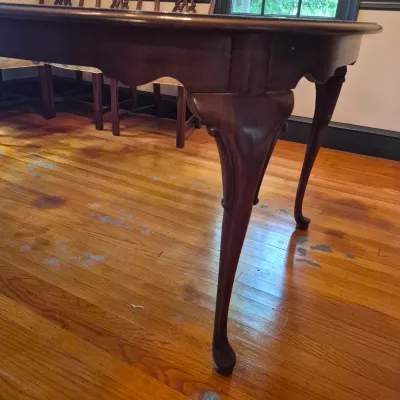 LOT 365D: Vintage Mahogany Dining Table with Six Custom Teacup Upholstered Chairs & 18" Leaf