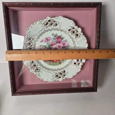 LOT 356K: Limoges Egg Trinket Box, Antique Reticulated Plate in Shadowbox Frame, Hand painted Tea Pot & Creamer