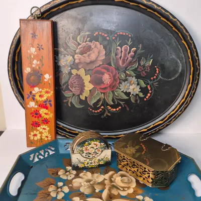 LOT 364D: Vintage Metal Toleware Trays, Folk Art Wall Hanging, Brass Box by Colony Metalsmiths of Virginia & More