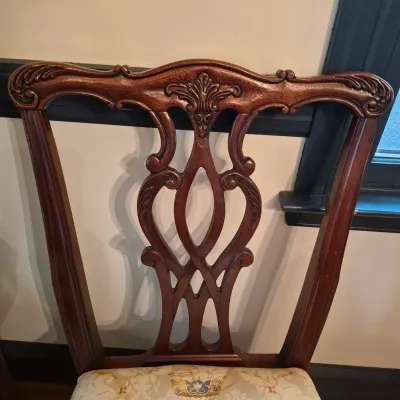 LOT 365D: Vintage Mahogany Dining Table with Six Custom Teacup Upholstered Chairs & 18" Leaf
