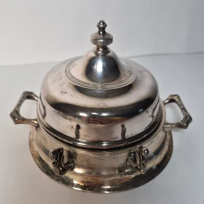LOT 355D: Sterling Lid Salt & Pepper Shakers, Glass Coasters, Silver Plated Dome Butter Dish with Sterling Rim Plate