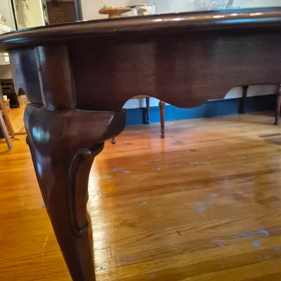 LOT 365D: Vintage Mahogany Dining Table with Six Custom Teacup Upholstered Chairs & 18" Leaf