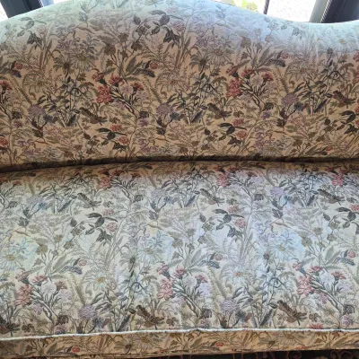 LOT 351L: Vintage Floral Tapestry Upholstered Camelback Sofa